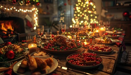 Festive Christmas dinner table adorned with a delicious feast, cozy fireplace, and a beautifully decorated Christmas tree in the background.