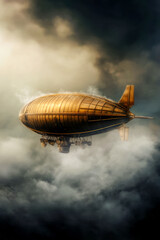 Vertical poster with airship flying through storm clouds, steampunk style, travel and adventure idea