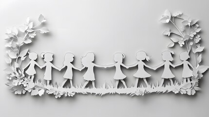 Papercut design of kids forming a circle and holding hands, featuring a plain white backdrop.