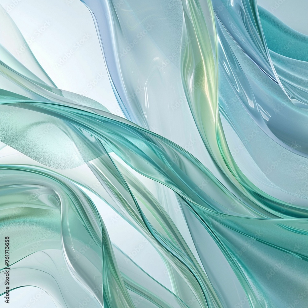 Poster flowing translucent waves in various shades of blue and green create a calming abstract design for m