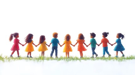 Obraz premium Papercut-style image of diverse kids in a circle holding hands, with a minimalist white backdrop.