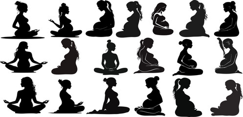 a collection of silhouettes of pregnant women positioning their bodies