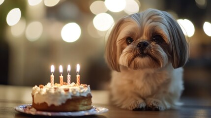 A dog sits beside a birthday cake with candles, celebrating a special occasion.