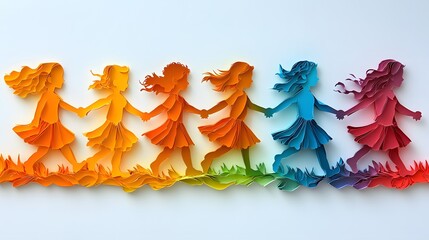 Dynamic papercut design of children holding hands in vivid colors, with a minimalist white backdrop.