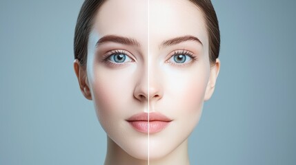 Fototapeta premium A stunning portrait showcasing symmetrical beauty, highlighting skincare and makeup techniques on a woman's face.