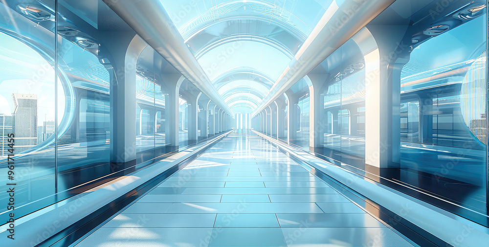 Poster Urban architecture, style Future technology, the building is left and right distribution with a technological road in the middle, the pavement is transparent. Generative AI.