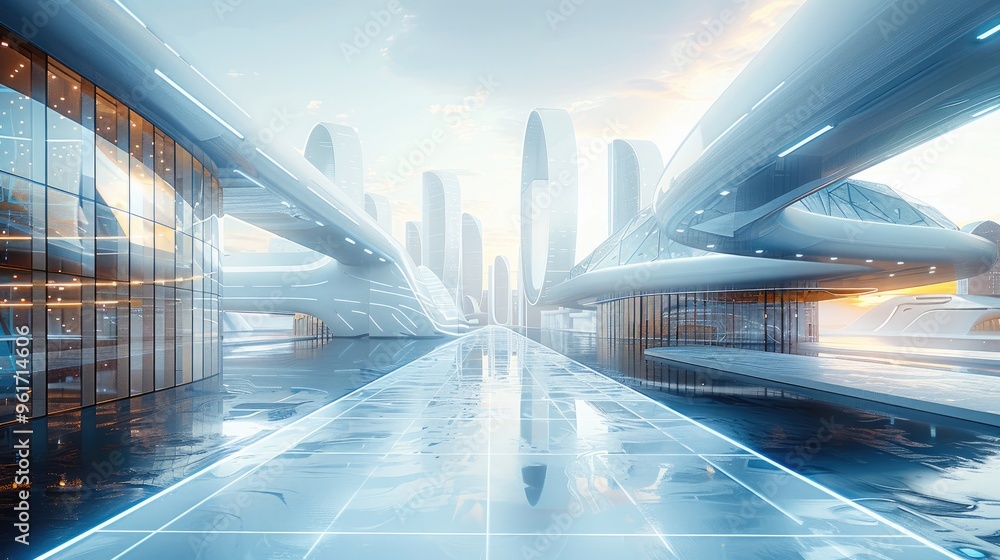 Aufkleber Urban architecture, style Future technology, the building is left and right distribution with a technological road in the middle, the pavement is transparent. Generative AI.