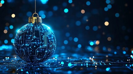 Beautiful Merry Christmas greeting card computer technology style. Christmas ball digital technology. Christmas poster template, Christmas cards digital technology style with details in blue color.