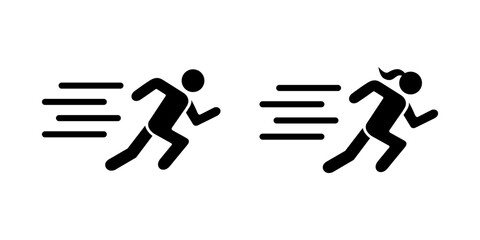 Running sport person silhouette icons. Sprint, athletic, marathon, jogging race, fast run, run track, fitness. Competition speed symbol. For web, app, sticker, emblem, event model. Vector illustration