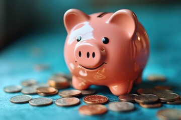 Pink Piggy Bank Surrounded by Coins