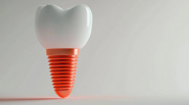 A single molar tooth, replaced with a dental implant, shown against a plain white background. This image was created using computer graphics.