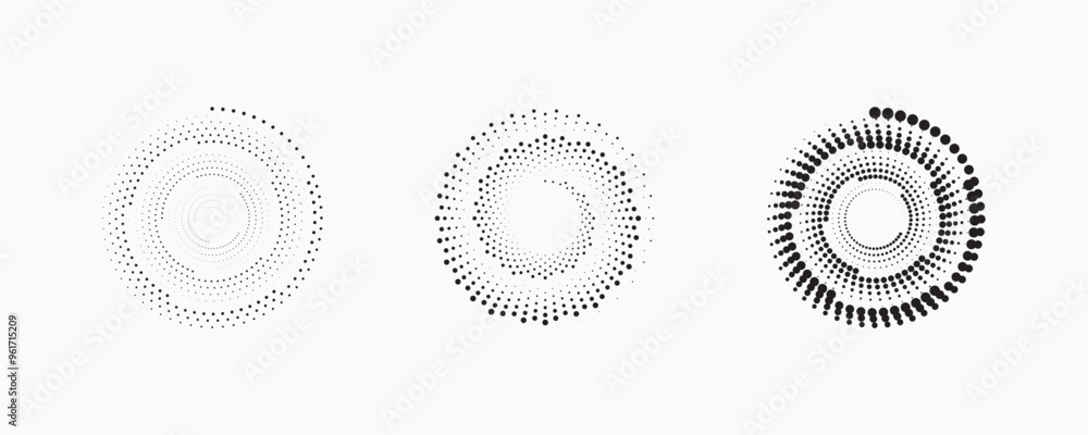 Poster set of dotted abstract shapes. circular halftone patterns. half tone design elements in geometric te