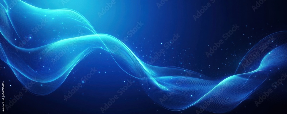 Poster abstract blue glowing light effect background with flowing waves and sparkling particles creating a 