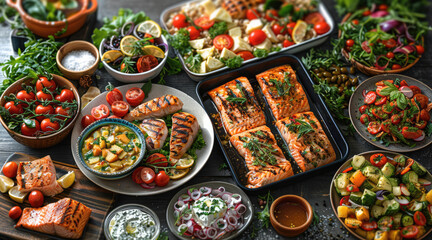 Fototapeta premium Many dishes on the table. a vegetable, grill chicken one pan with tomatoes, greek salad, salmon with vegetables. Generative AI.
