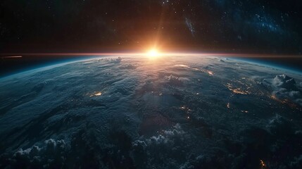 Fototapeta premium A breathtaking view of sunrise over Earth from space, showcasing clouds and city lights from the International Space Station