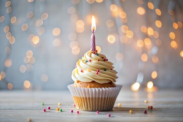 Beautifully decorated birthday cupcake with lit candle and bokeh background