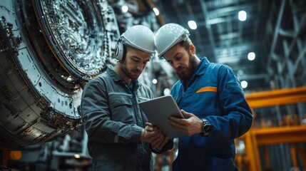 "Engineers Using Digital Tablet in Industrial Setting"