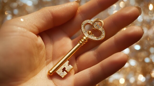 Close-up of a hand holding a golden key, representing the key to financial success and wealth accumulation