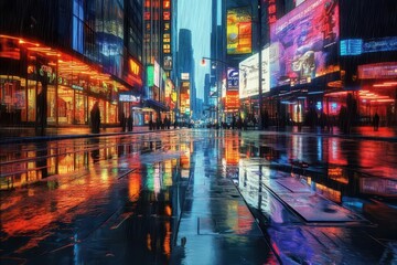 An empty, rainsoaked street in a modern city, with reflections of neon lights in the puddles and a sense of melancholy in the air