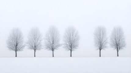 Obraz premium A tranquil winter scene with bare trees covered in a light dusting of snow, set against a soft, overcast sky.