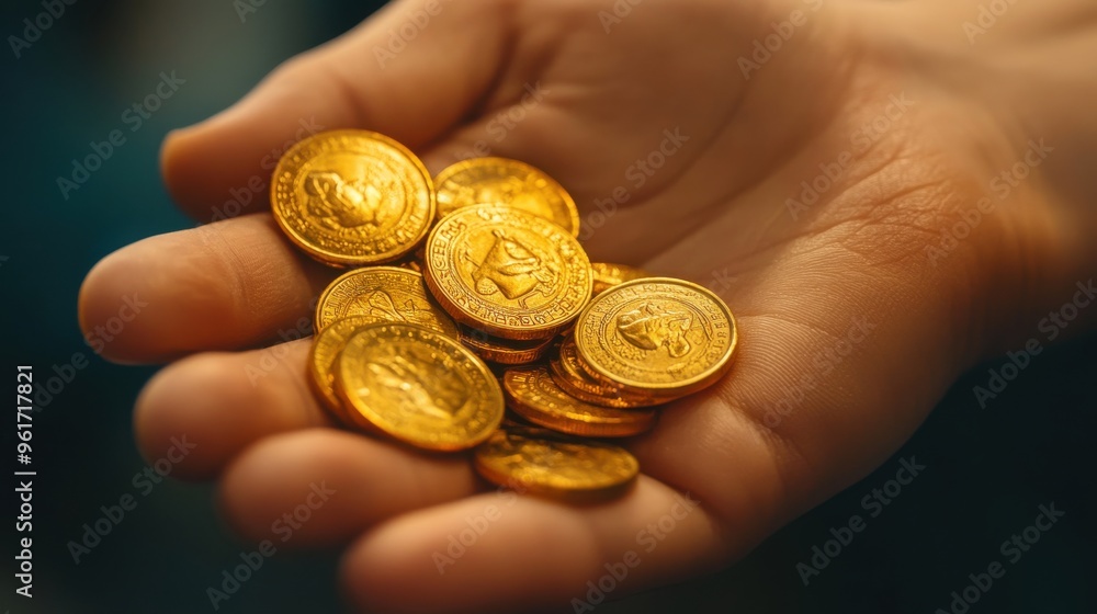 Wall mural close-up of a hand holding a pile of gold coins, representing the accumulation of wealth and financi