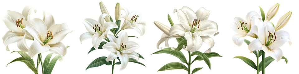 Fototapeta premium Easter Lily - Large fragrant white trumpet-shaped flowers Isolated on Clear White Background Highly Detailed 