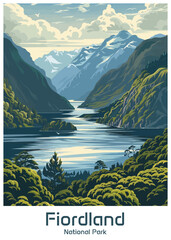 Fiordland National Park Poster Illustration Travel Print Decor Gift Paper Canvas Wall Retro Art