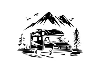 Flat design of motorhome campervan vector in black and white perfect for apps, website, logo or sign 