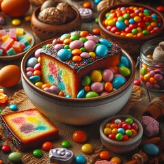 Bowls with colorful cake and candy