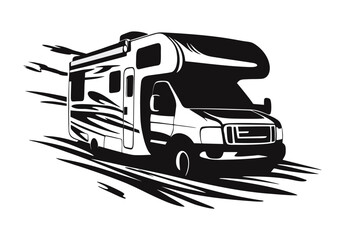 Flat design of motorhome campervan vector in black and white perfect for apps, website, logo or sign 