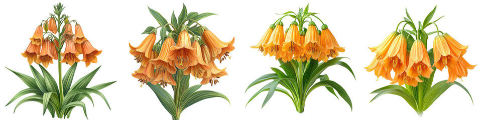 Crown Imperial - Majestic tall plants with a crown of orange or yellow bell-shaped flowers Isolated on Clear White Background Highly Detailed