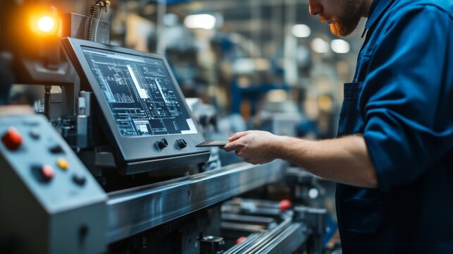 Engineer using CNC machine in industrial factory