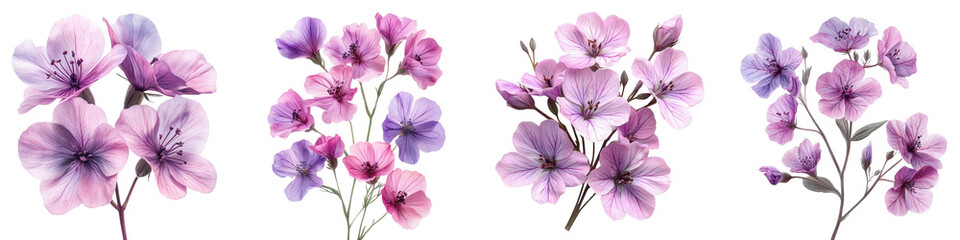 Fototapeta premium Clarkia - Clusters of delicate pink or purple flowers Isolated on Clear White Background Highly Detailed 