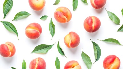 A dynamic flat lay composition of falling peaches and leaves. Making it perfect for promoting healthy eating, organic farming, or summer-themed advertising campaigns