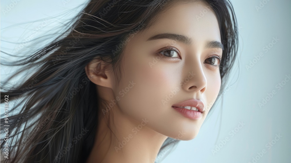 Wall mural Asian beauty woman long hairs healthy skin female portrait on white background. Generative AI.