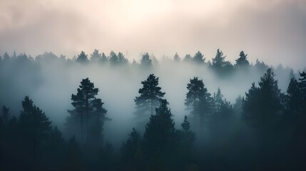 Obraz premium A moody shot of a forest shrouded in morning mist, with the silhouettes of trees barely visible against a gray, foggy sky.