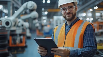 Fototapeta premium Engineer in Modern Factory with Robotics