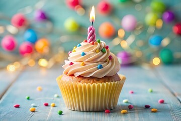 Colorful birthday cupcake with candle and sprinkles on wooden table with festive decor