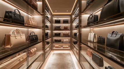 Obraz premium Opulent walk-in closet with soft, ambient lighting highlighting a row of perfectly organized designer handbags on glass shelves