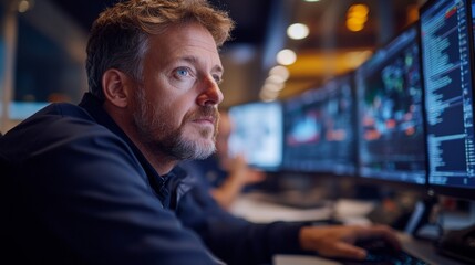 Obraz premium Man at Computer Monitors in Tech Environment