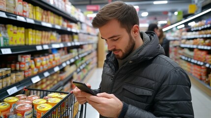 Man Shopping with Smartphone in Grocery Store