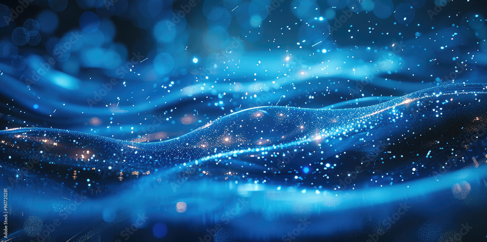 Leinwandbilder abstract blue glowing particles composition with glitter tilted on dark background, glowing particle