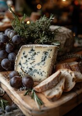 Roquefort Cheese A wedge of blue-veined Roquefort cheese on a wooden board, accompanied by grapes and crusty bread