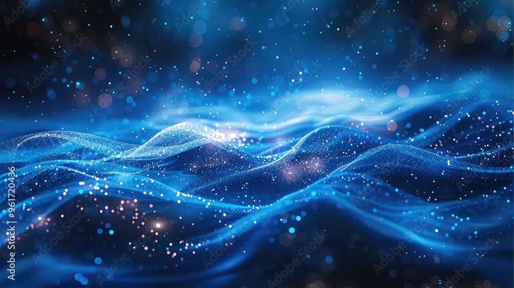 Leinwandbilder abstract blue glowing particles composition with glitter tilted on dark background, glowing particle