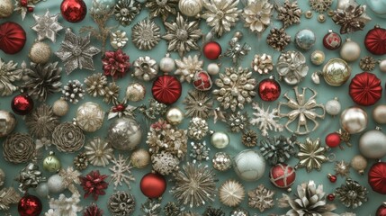 Assortment of decorative Christmas ornaments in red, gold, and silver hues creates festive holiday atmosphere.