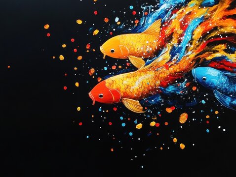 Vibrant artwork of colorful fish swimming through a splash of vivid colors against a dark background, showcasing artistic creativity.