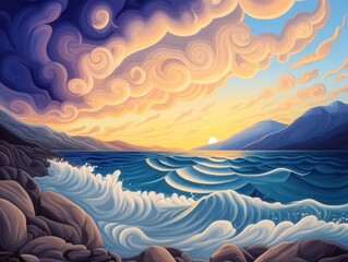 Fototapeta premium Stunning sunset over ocean waves, featuring vibrant clouds and serene landscape, perfect for nature and relaxation themes.