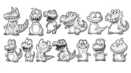 Set of 12 cute cartoon dinosaurs with big toothy grins.
