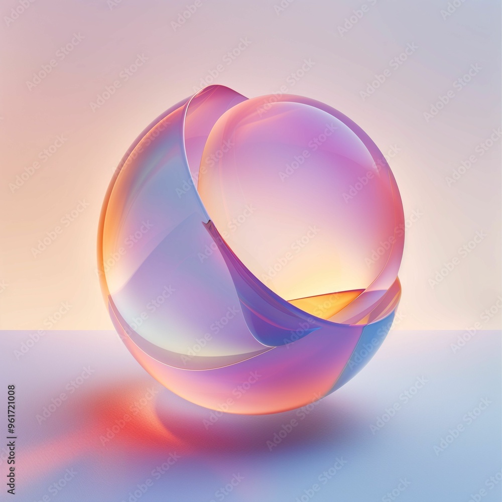 Poster colorful translucent sphere reflecting light in a serene gradient environment during a calm evening 