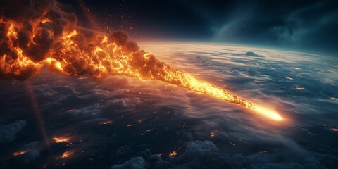 A fiery meteor streaking through Earth's atmosphere over a blue planet with swirling clouds at dusk